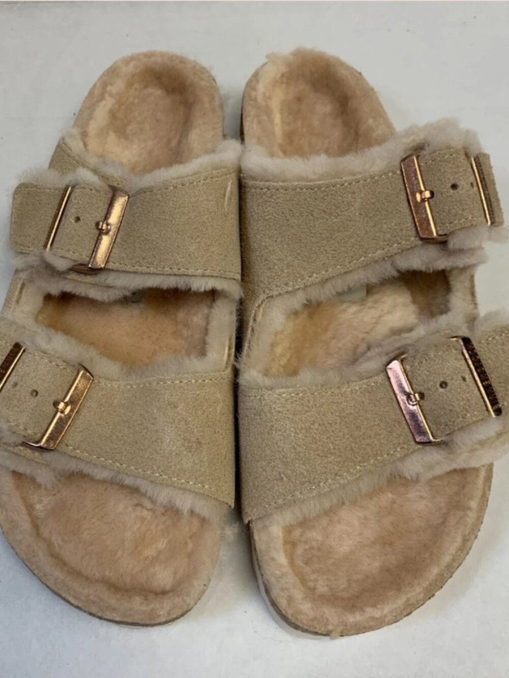 Birkenstock Arizona Shearling Nude Suede Leather Regular Width Sandals